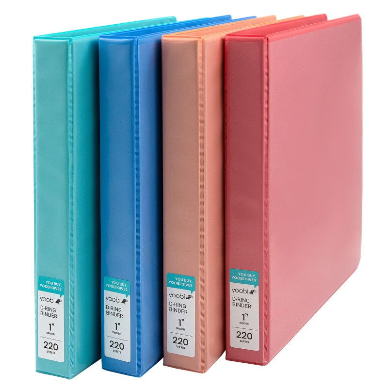 Yoobi 1 Inch Binder Set, 3 Ring Binders with Plastic Cover, 2 Pocket Sleeves and D Rings, Organizer for up to 220 Sheets of Loose Paper, 4 Pack Cute Binders, Multicolor, Office or School Supplies - Image 1